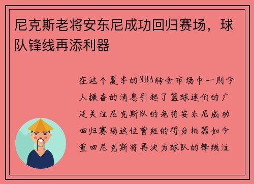 尼克斯老将安东尼成功回归赛场，球队锋线再添利器