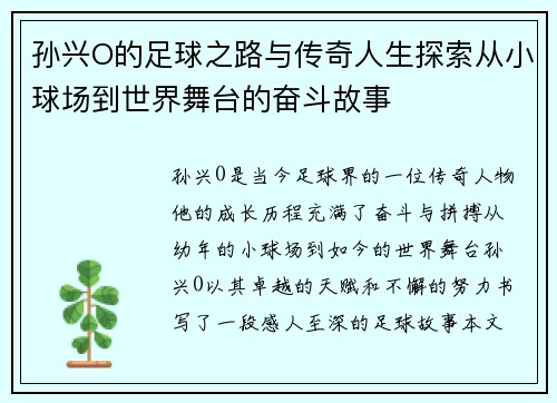 孙兴O的足球之路与传奇人生探索从小球场到世界舞台的奋斗故事